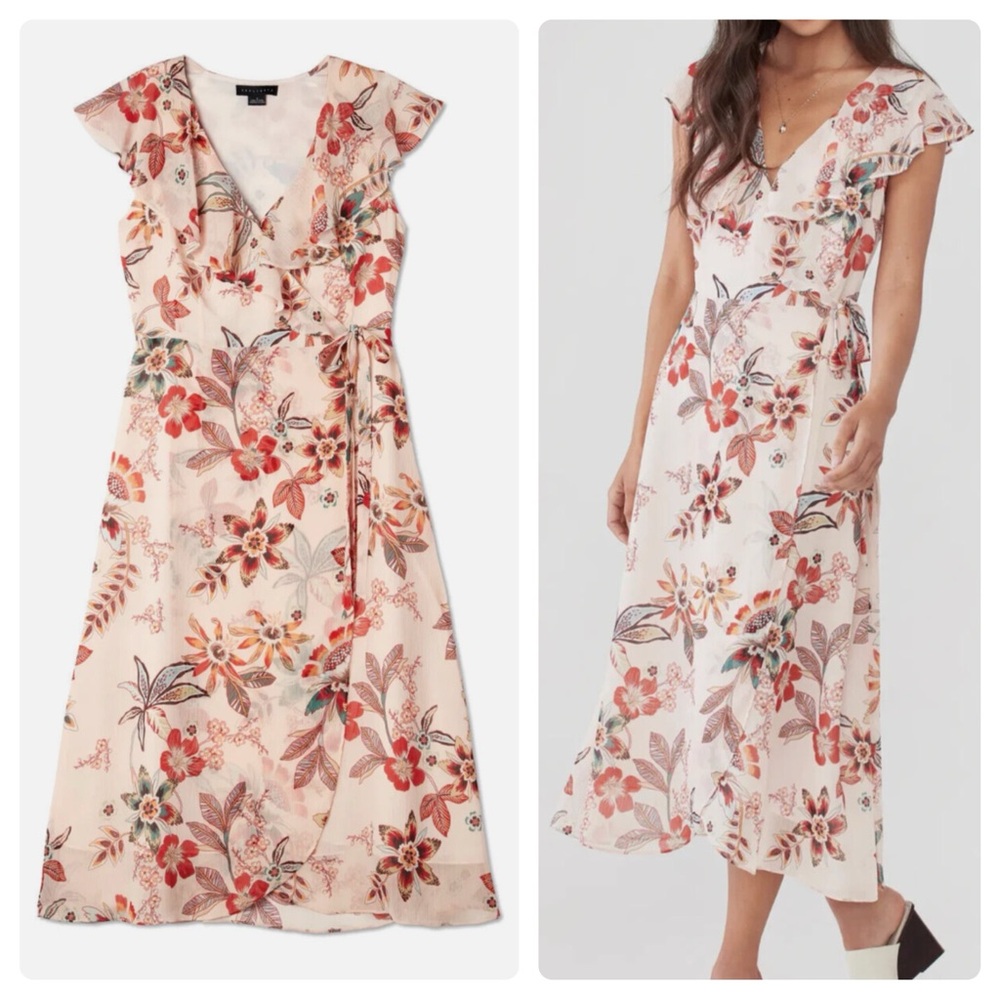 NEW Sanctuary Jolynn Wrap Floral Print Maxi Petite Ruffle Dress Peach Pink 4 S